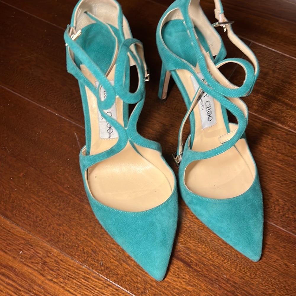 Jimmy Choo suede lancer in teal color . Worn once
